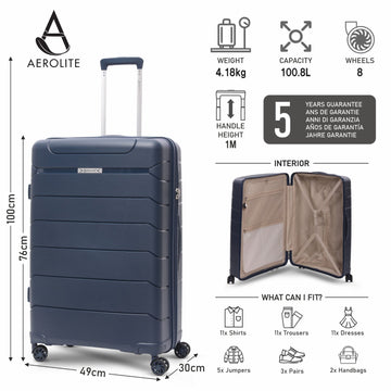 Aerolite 28” Large 100L Lightweight Polypropylene (PP) Check-In Suitcase – Hard Shell Luggage with Spinner Wheels, TSA Lock & Waterproof Pocket, Navy